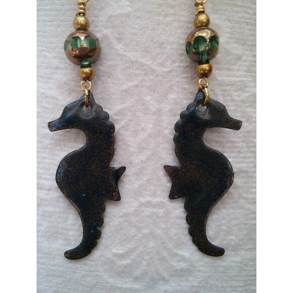 Artisan Colorful Enamel Seahorse Earrings Whimsical Creature Statement Beaded - Picture 5 of 9